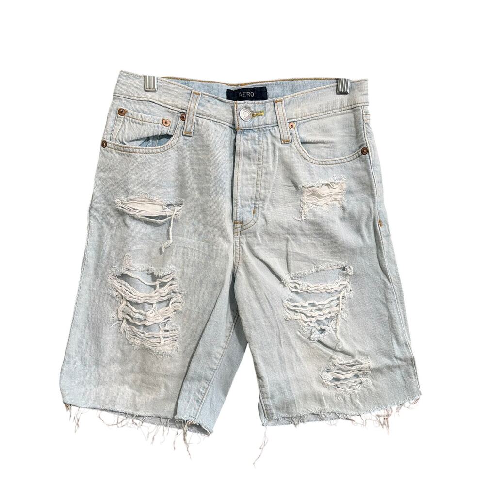 Aero Womens Shorts Blue Denim 90s High Rise Cut Off Button Fly Distressed 4